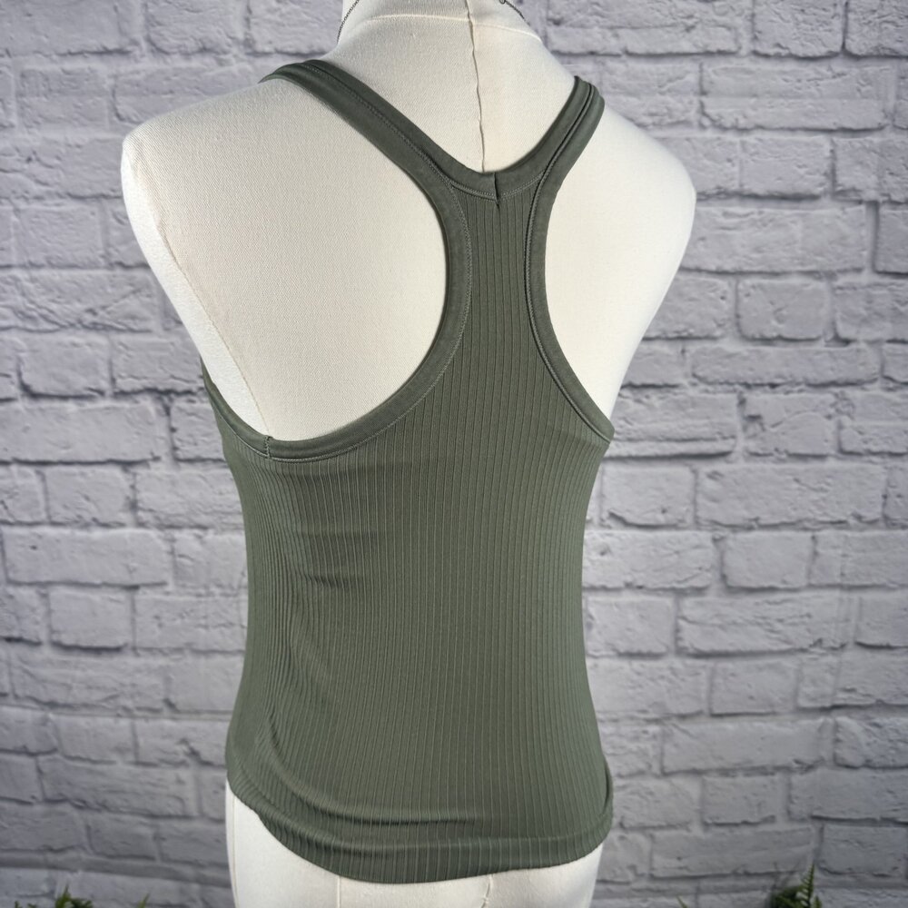 Olive Green Ribbed Racerback Tank Top M Fitted Basic - Picture 4 of 6